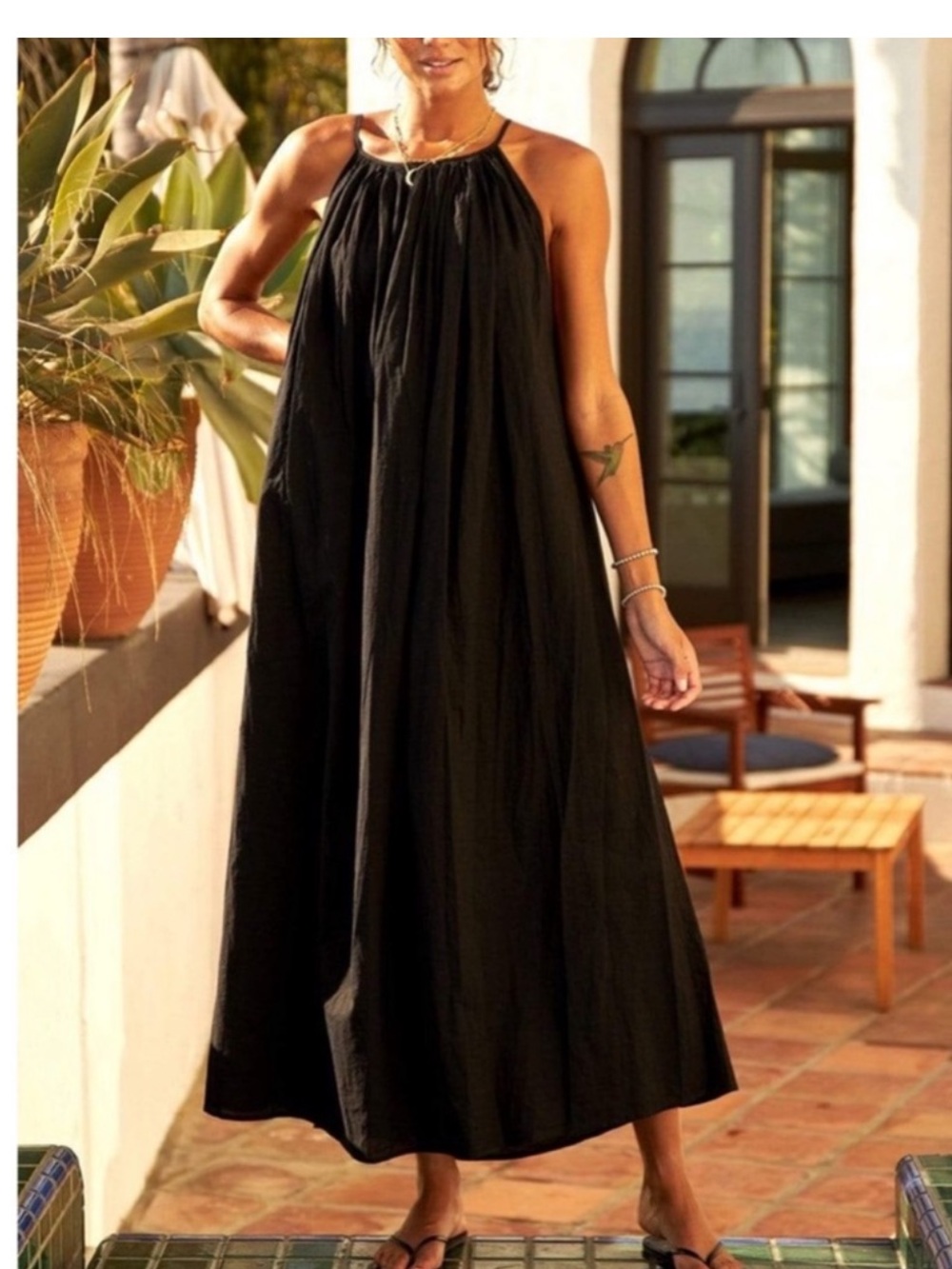 Mersea Patio Black Cotton Reversible Beach Coastal Vacation Maxi Dress Pockets